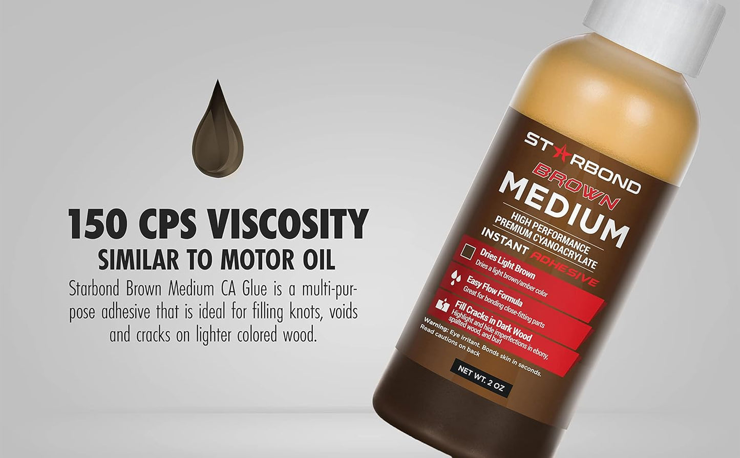 STARBOND Light Brown Medium CA Glue (Premium Cyanoacrylate Super Glue) Crack Filler 150 CPS Viscosity, for Woodworking, Woodturning, Carpentry, Guitar, 2oz