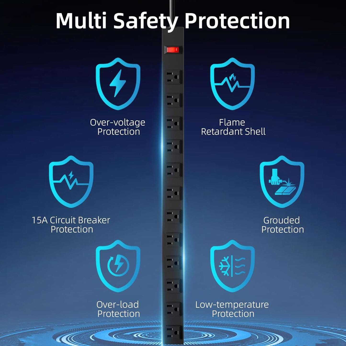 12 Outlet Long Power Strip with 15A Circuit Breaker,Black Wall Mount Heavy Duty Power Strip with 6FT/14AWG/15A/125V Extension Cord for Industrial,Garge,Office,Home and School,Black(6FT)