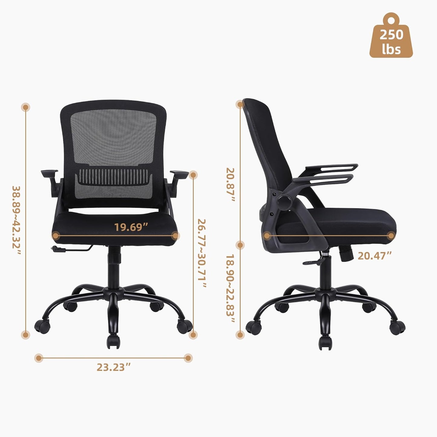 Office Chair, Ergonomic Desk Chair with Lumbar Support, Breathable Mesh Chair with Flip-up Armrests and Mid Back, Comfy Task Computer Height Adjustable Swivel Chair (2, Black)