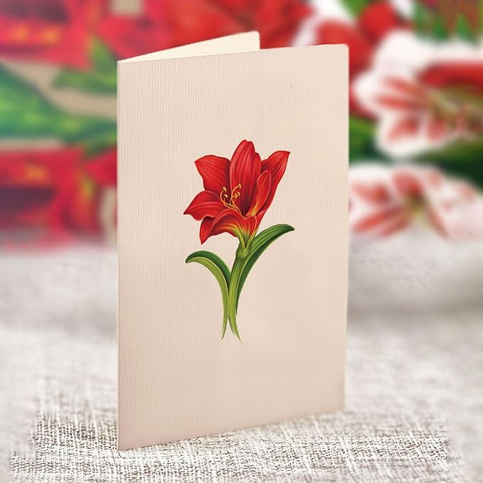 Freshcut Paper Pop Up Cards, Mini Scarlet Amaryllis, 6 Inch Mini Sized Forever Flower Bouquet 3D Popup Greeting Cards, Christmas Card, Holiday Card, Blank Notecard & Envelope