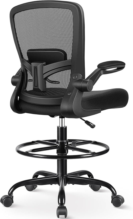 FelixKing Drafting Chair Ergonomic Tall Office Chair, Breathable Mesh Chair with Adjustable Footrest Ring Lumbar Support Flip-up Armrests, High Back Executive Comfy Task Computer Chair for Home Office