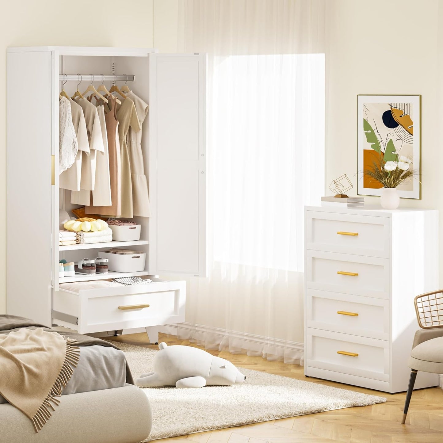 Metal Wardrobe Cabinet,71 Armoire Wardrobe Closet with Drawers and Hanging Rod,Metal Armoire with Adjustable Shelves for Closet,Bedroom,Farmhouse Storage Cabinet with Drawer(White)