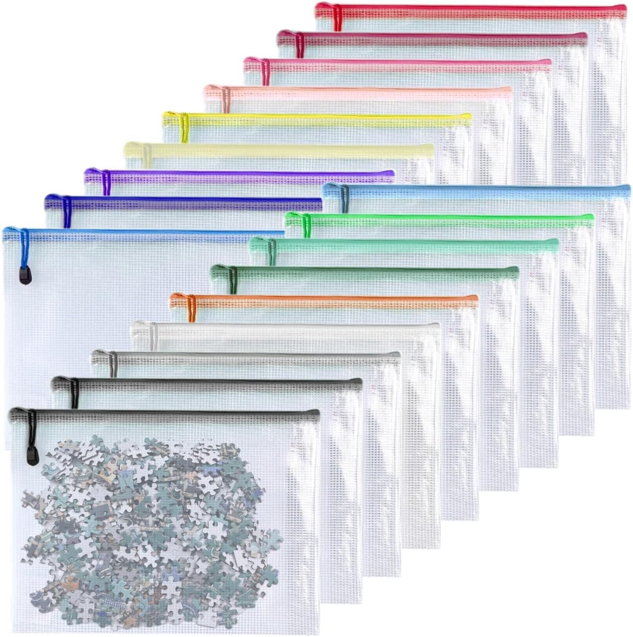 Oaimyy-18PCS-7 x 11" Mesh Zipper Pouch, Plastic Zip File Folders Puzzle Bags Large Reusable Zipper Pouches for Organizing Classroom Board Game Organization,Home Storage-(Multicolor)