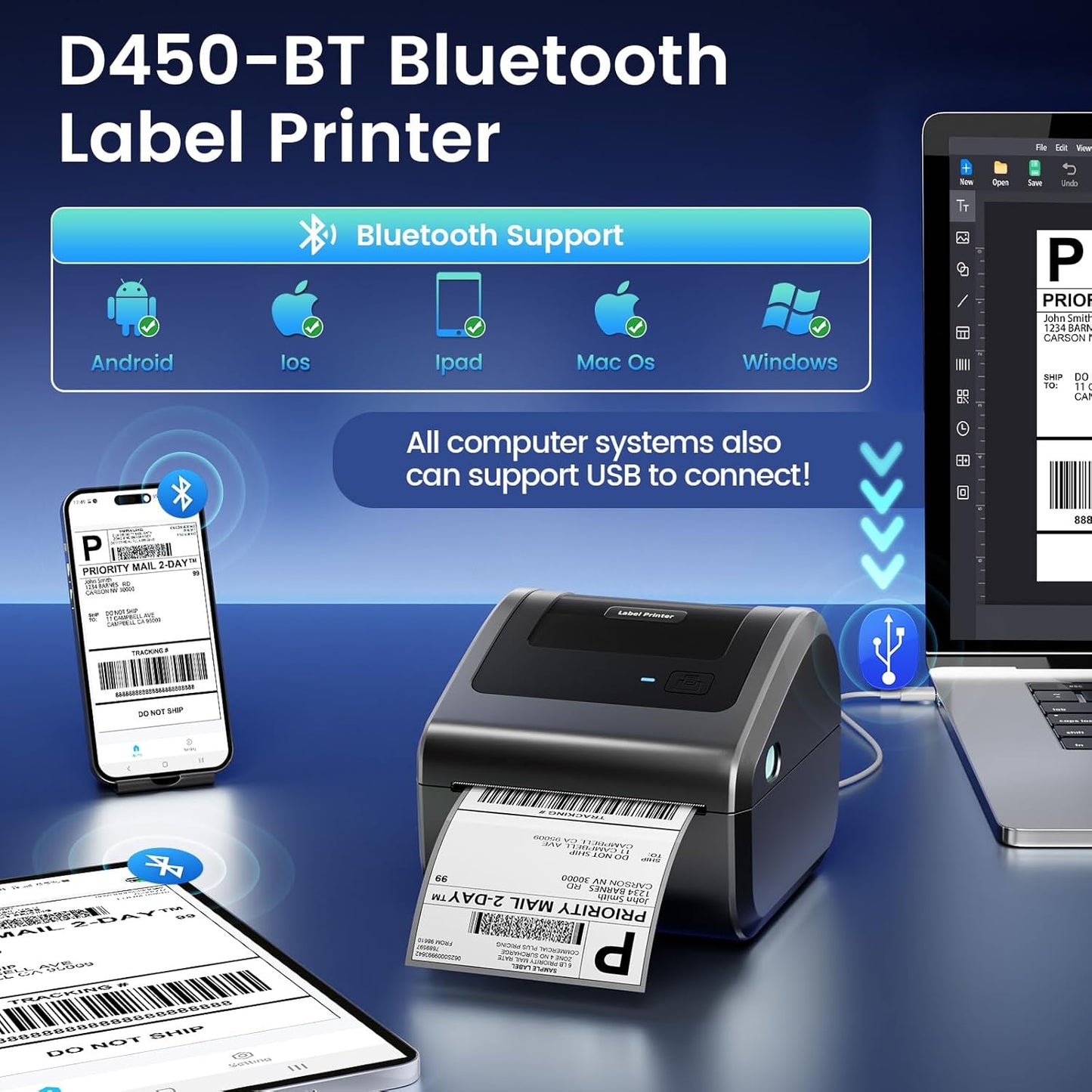 Bluetooth Shipping Label Printer 4x6 - D450BT Thermal Label Printer for Shipping Packages, Small Business, Home, Office, Compatible with Amazon, Ebay, Etsy, USPS