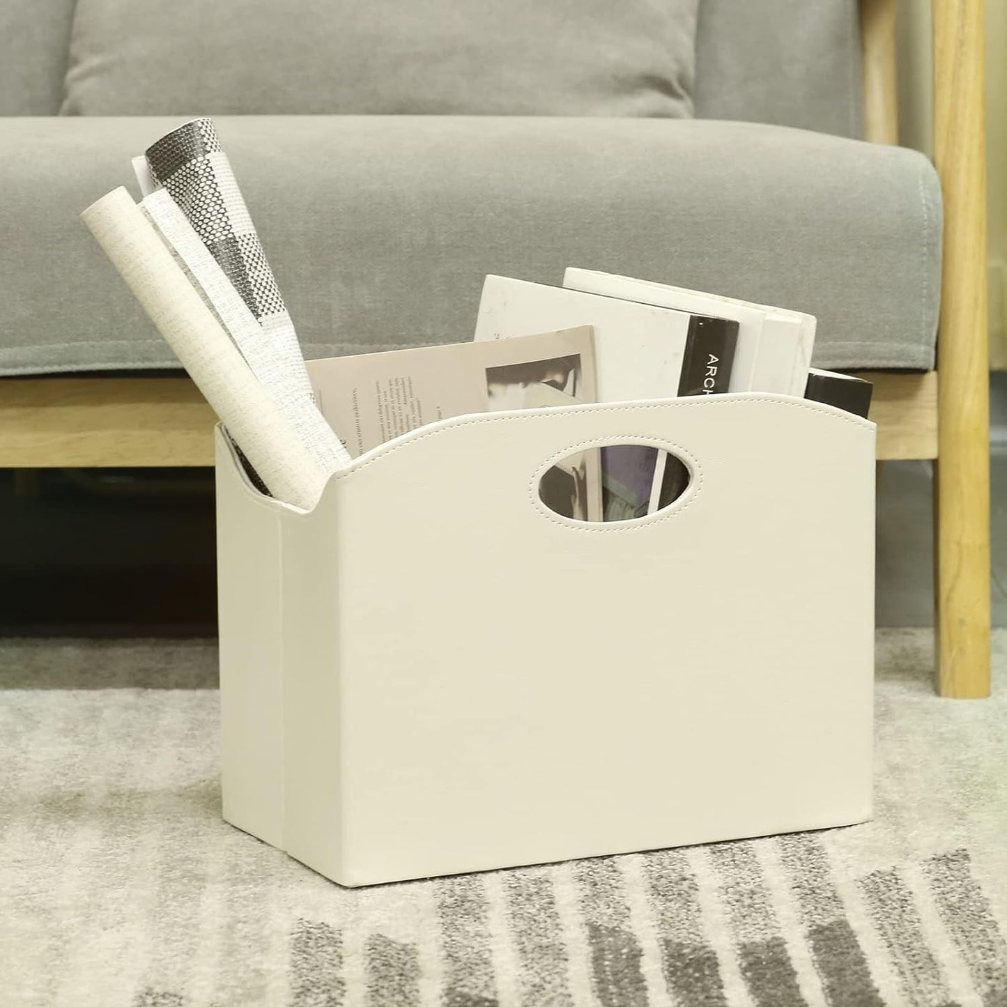 EZDeco Magazine Holder Foldable Magazine Rack Floor PU Leather File Holder Newspaper Book Storage Basket Document File Folder Organizer for Office Home (Off-white-2)