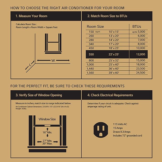 LG 12,000 BTU Window Air Conditioner, 115V, Cools 550 Sq.Ft. for Bedroom, Living Room, Apartment, Quiet Operation, Electronic Control with Remote, 3 Cooling & Fan Speeds, Auto Restart, White