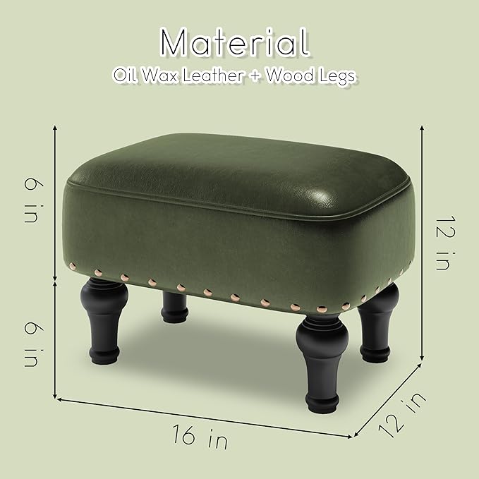 Ottoman Leather Foot Rest with Thicker Foam Padded Seat, Footstool with Wooden Legs (Green)