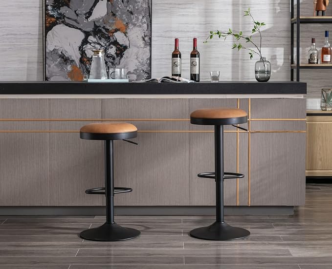 Round Swivel Counter Height Bar Stools Set of 1 Modern Adjustable Barstools Backless PU Leather Bar Chairs Industrial Island Chairs with Metal Base/Footrest for Kitchen Island/Pub/Bar, Brown