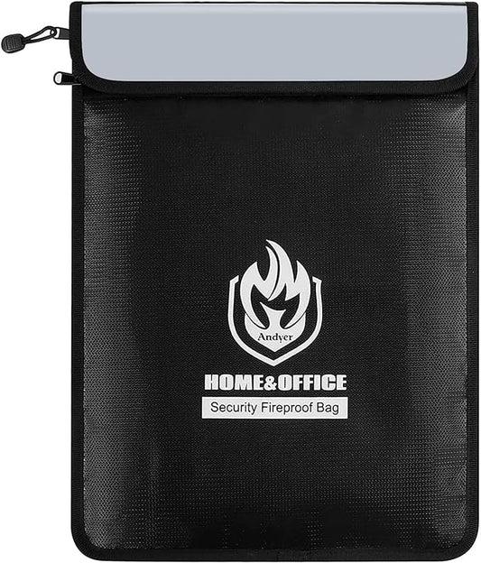 Upgraded Two Pockets Fireproof Document Bag (2000℉), andyer 15”x 11”Waterproof Fireproof Money Bag with Zipper, Waterproof Holder Pouch Fire Safe Envelope for Valuables, Legal Documents (Jet Black)