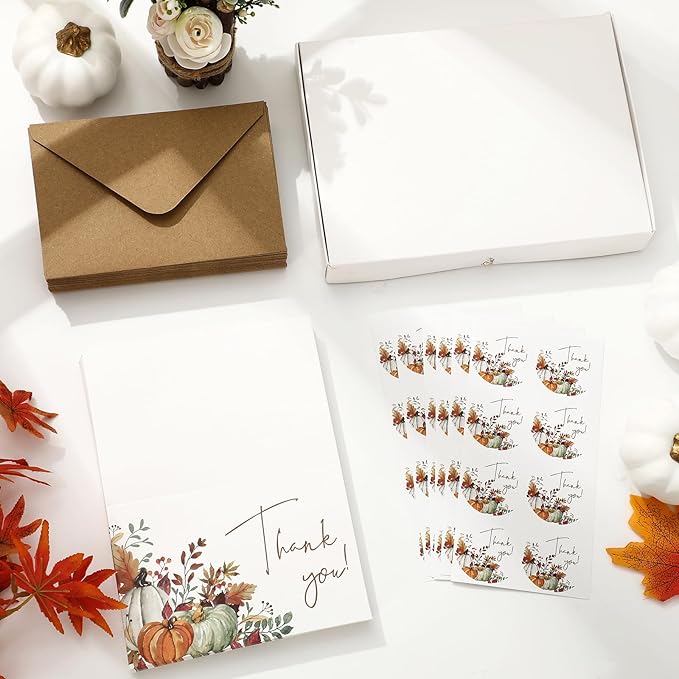 Whaline 50 Pack Fall Thank You Cards Bulk Boxed Watercolor Autumn Leaves Pumpkin Thank You Note Cards with Kraft Envelopes Sticker Thanksgiving Blank Greeting Cards for Wedding Baby Shower