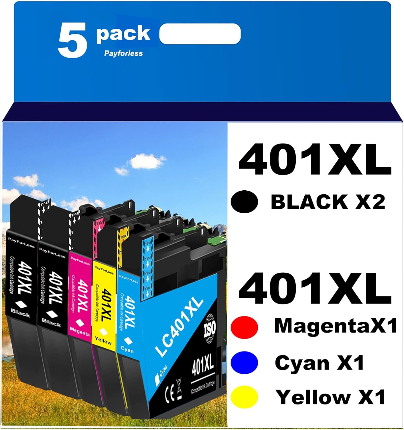 PayForLess LC401XL Ink Cartridges for Brother Printer Compatible for LC401 401XL Ink Cartridges for MFC-J1010DW MFC-J1012DW MFC-J1170DW Printer 5 Pack (2 Black, 1 Cyan, 1 Magenta, 1 Yellow)