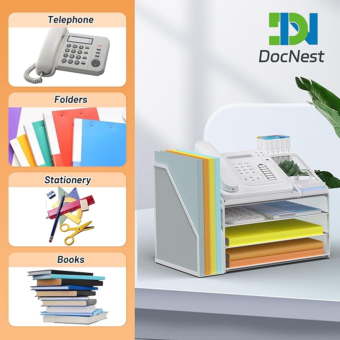 DocNest 4 Tier Paper Letter Tray File Organizer, Mesh Desk File with Handle, Workspace Desk Organizers with Pen Holder, Office Organization Storage Accessories - White