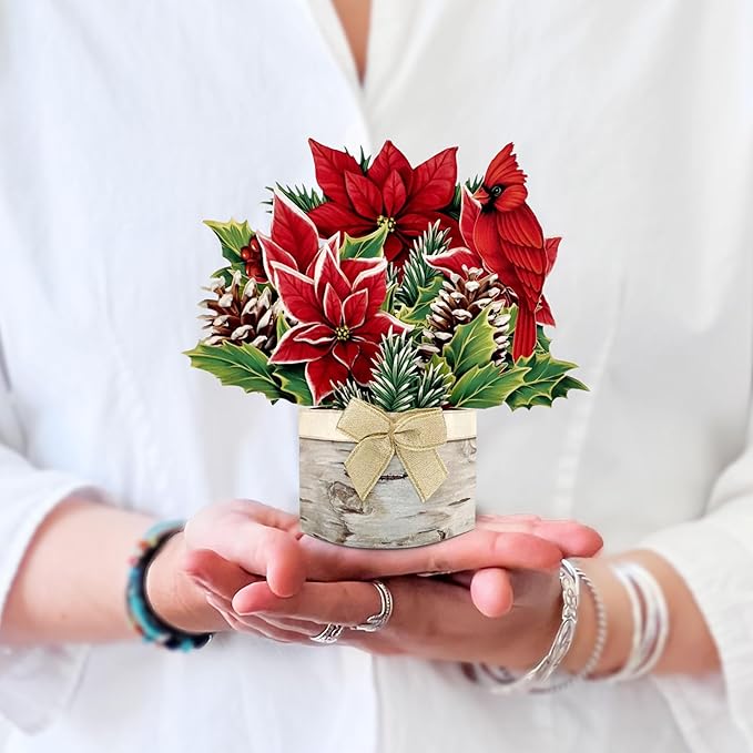 Freshcut Paper Pop Up Cards, Mini Birch Poinsettia (Set of 2), 6 Inch Mini Sized Forever Flower Bouquet 3D Popup Greeting Card, Christmas Cards, Holiday Card, Blank Notecard & Envelope