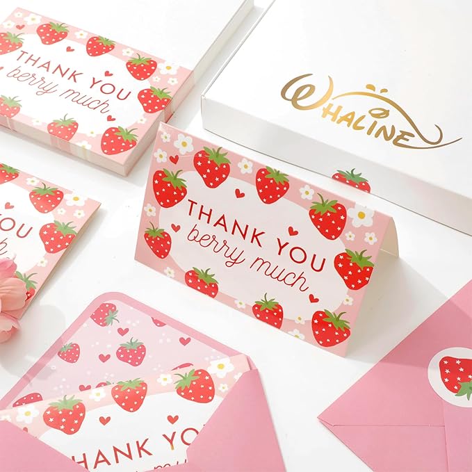 Whaline 50 Packs Strawberry Thank You Cards Red Pink Strawberry Flower Greeting Cards Blank Note Cards Boxed with Envelopes and Stickers for Birthday Baby Shower, 4 x 6 Inch