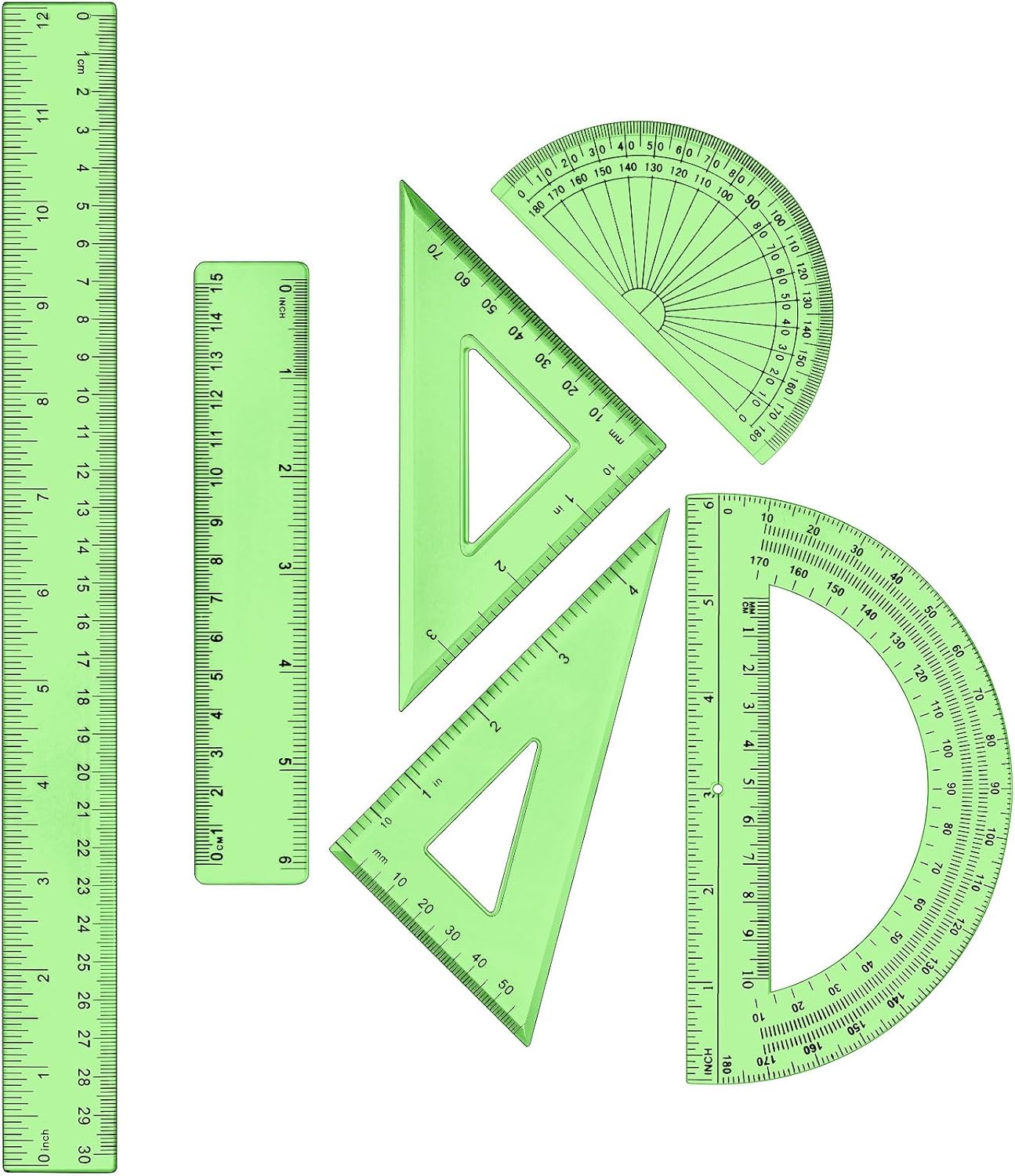 Tenare 1 Set Plastic Clear Math Set Includes Protractor Triangle Rulers 12 Inch 6 Inch Straight Geometry Math Transparent Ruler Measuring Tool for School Office Home Supplies (Green)