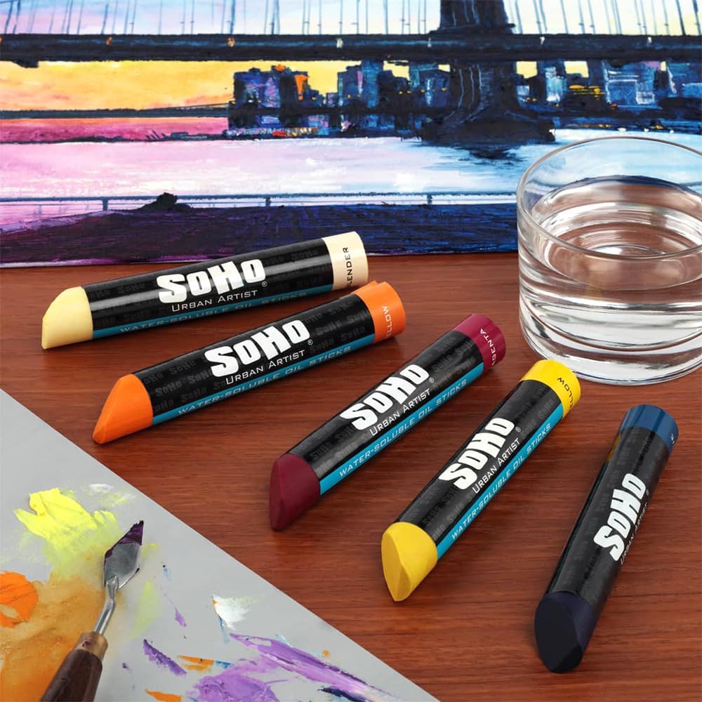 Soho Urban Artist Water Soluble Oil Sticks for Artists – Set of 24 + Blender Oil Paint Stick - 37 ml - No Brushes or Solvents Needed, Paint Any Primed Surface, Water Clean-Up, Non-Toxic, 4.8 x 0.78