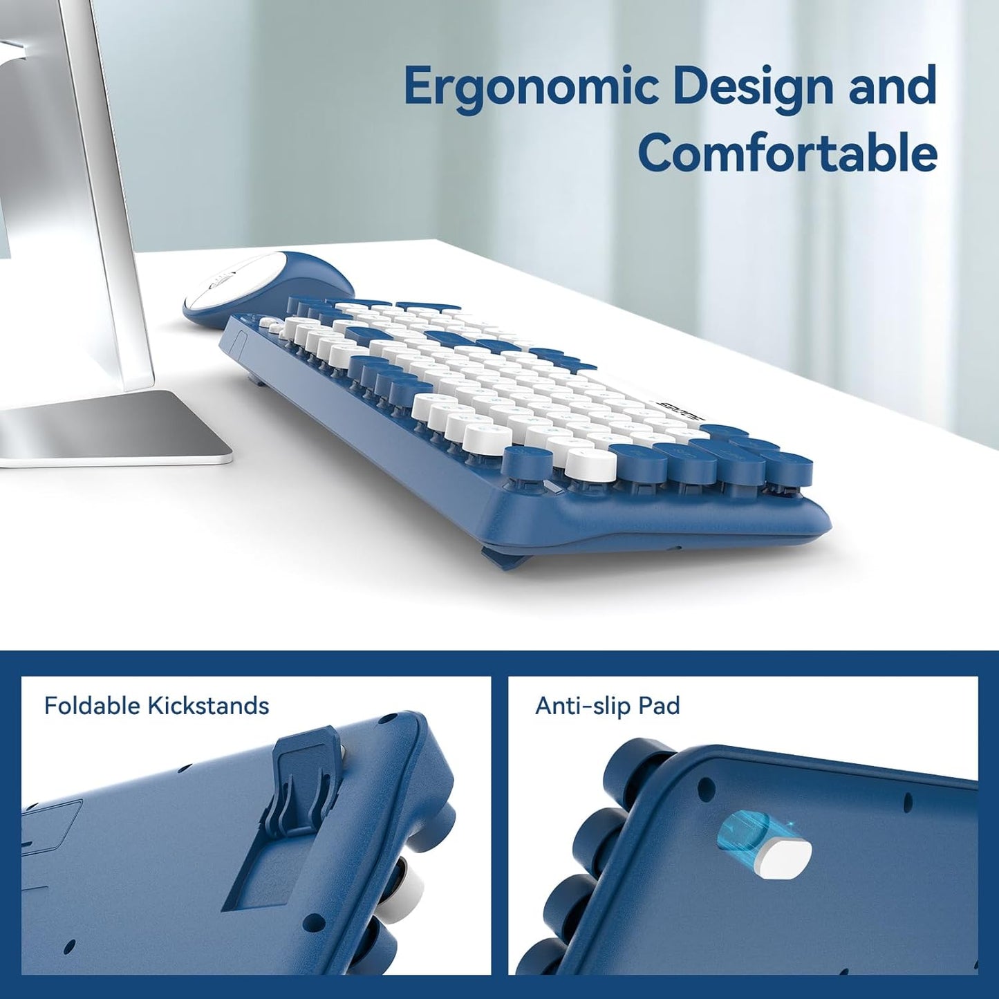 Wireless Keyboard and Mouse Combo,Retro Typewrite Keyboard and Mouse with Round Keypads,Hand-Friendly Keyboard and Mouse Wireless for Windows Laptop PC,Home Office Keyboard, White Blue