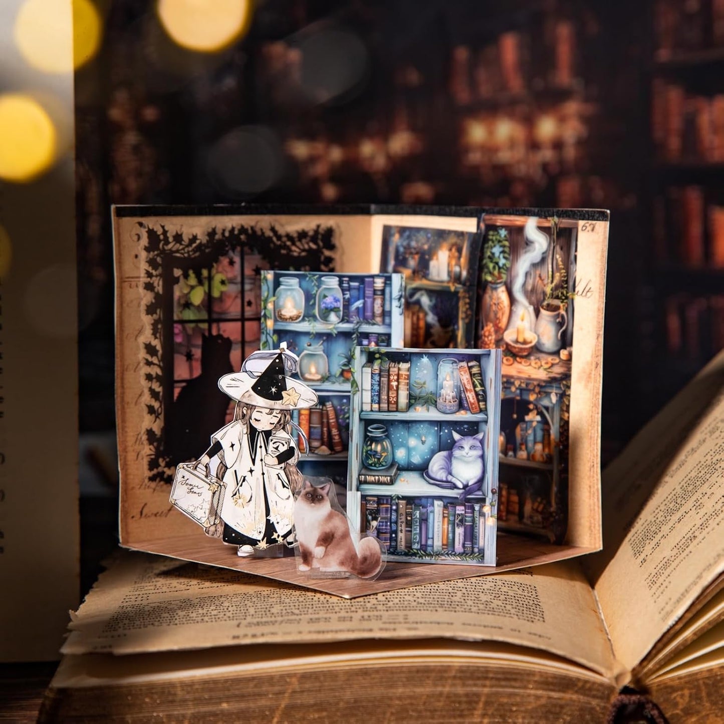 6 Rolls Dark Magic Bookcase PET Tape Set with Clip, Waterproof Gothic Scrapbook Sticker Rolls for Journaling, Bullet Diary, and Ephemera Craft Supplies