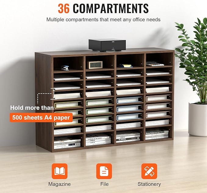 VEVOR Literature Organizer, 36 Compartments Office Mailbox with Adjustable Shelves, Wooden Mailbox Sorter Medium Density Fiberboard Office Home Classroom Storage for Files, Documents, Papers, Grey