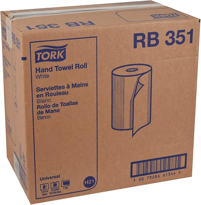 Tork Paper Hand Towel Roll White H21, Universal, 100% Recycled Fiber, 12 Rolls x 350 ft, RB351
