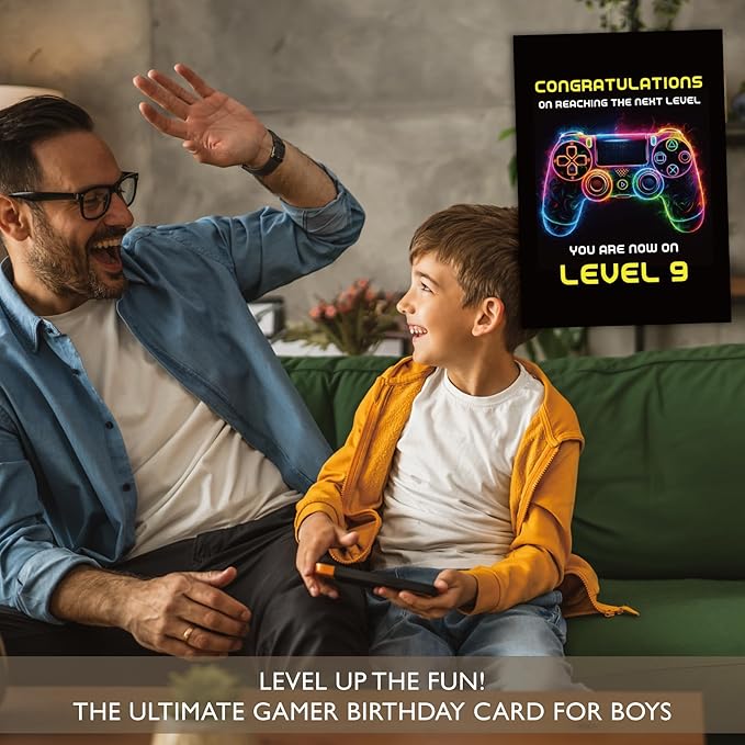 Gooji 5x7 Gamer Birthday Card for Boys and Girls - Level-Up Design for Ages 9, 10, 11, 12 - Perfect Gaming Party Greeting Card (9Y)