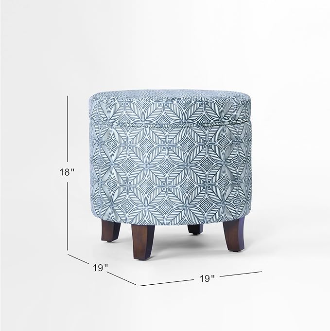HomePop Upholstered Round Storage Ottoman|Homepop Home Décor|Upholstered Round Foot Rest Ottoman -Blue Indigo Print