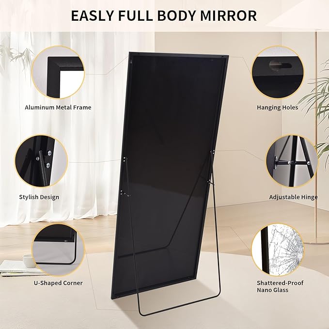 Full Length Mirror 64"x21" Black, Rectangle Wall-Mounted or Standing Full Body Mirror for Bedroom, Living Room, Dressing Floor Mirror