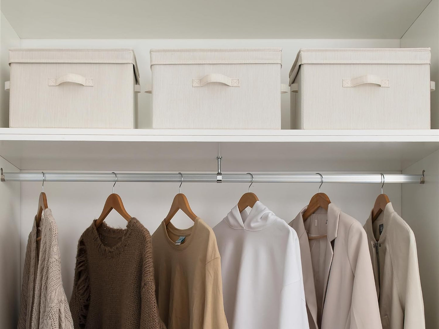 StorageWorks Fabric Storage Bins with Lid, Decorative Storage Boxes for Shelves, Stackable Closet Organizer Basket with Handles, Large, Mixing of Beige, White & Ivory, 2-Pack