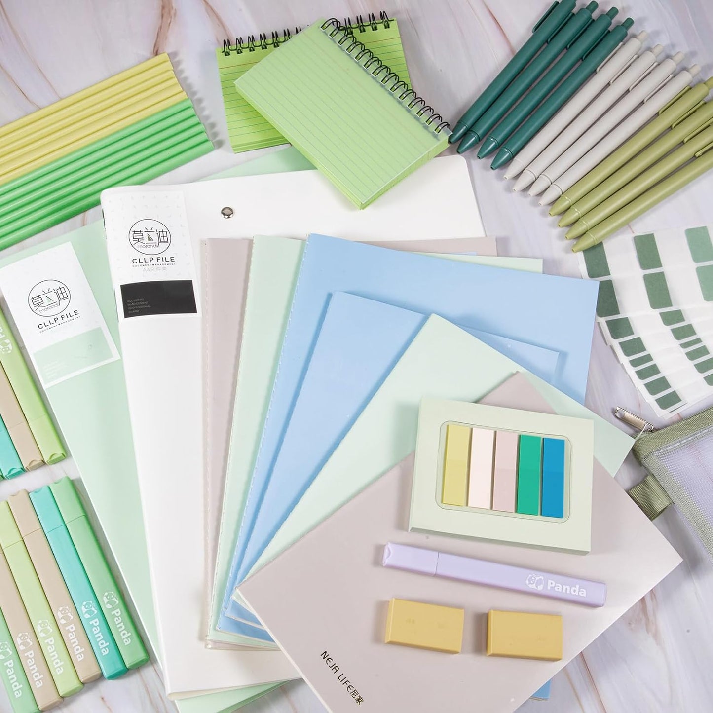 Colarr 54 Pieces Aesthetic School Supplies Including Pastel Highlighters Document Bags Pencils Notebooks Pencil Pouch Ink Pens Sticky Notes Erasers Back to School Gift Stationary Kit(Green)
