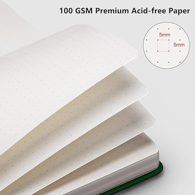RETTACY Bullet Dotted Journal Notebook, 192 Pages, A5 Medium Size (5.7'' x 8.3''), Leather Hardcover, 100 GSM Thick Paper, for Bullet Journaling, Planning, Tracking (Dark Green)