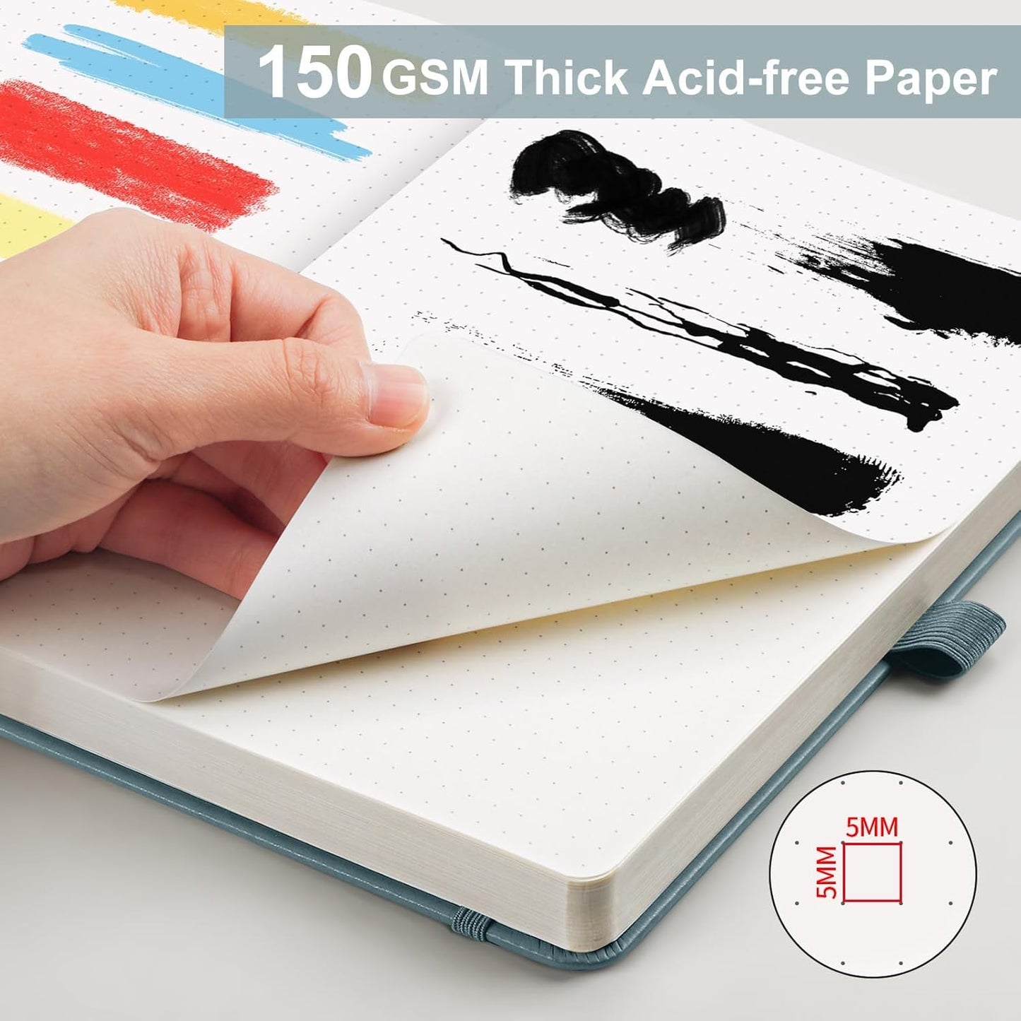 AHGXG Bullet Dotted Journal - 150 GSM Dot Grid Notebook Journal, Thick Acid-Free Paper, A5 Dotted Notebook 128 Pages, Leather Hardcover, Inner Pocket, Journal Stencil, 5.7'' × 8.3'' - Gray Blue