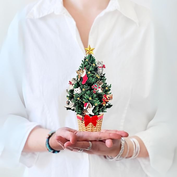 Freshcut Paper Pop Up Cards, Mini Meowy Christmas Tree (Set of 2), 6 Inch Mini Sized Forever Flower Bouquet 3D Popup Greeting Card, Christmas Cards, Holiday Card, Blank Notecard & Envelope