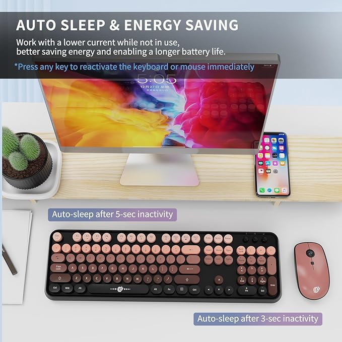 FOPETT Wireless Keyboard and Mouse Combo, 104 Keys Full-Sized 2.4 GHz Round Keycap Colorful Keyboards, USB Receiver Plug and Play, for Windows, Mac, PC, Laptop, Desktop (GradientPink)