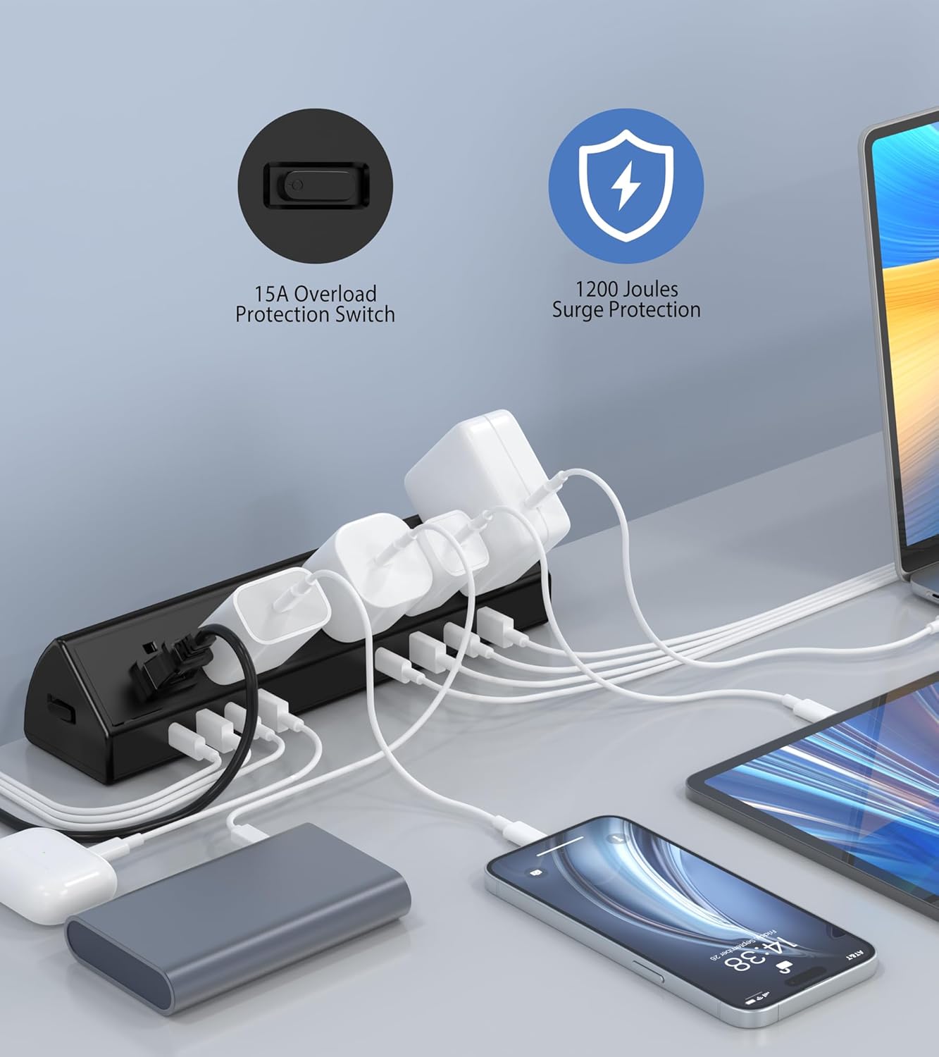 45W Fast Charging Station,Desk Clamp Power Strip,4 PD USB-C Ports,5 AC Outlets,Surge Protector Power Strip, 14AWG Heavy Duty Cord, Fits 1.9" Tabletop Edge (Black, 20 FT Cable)