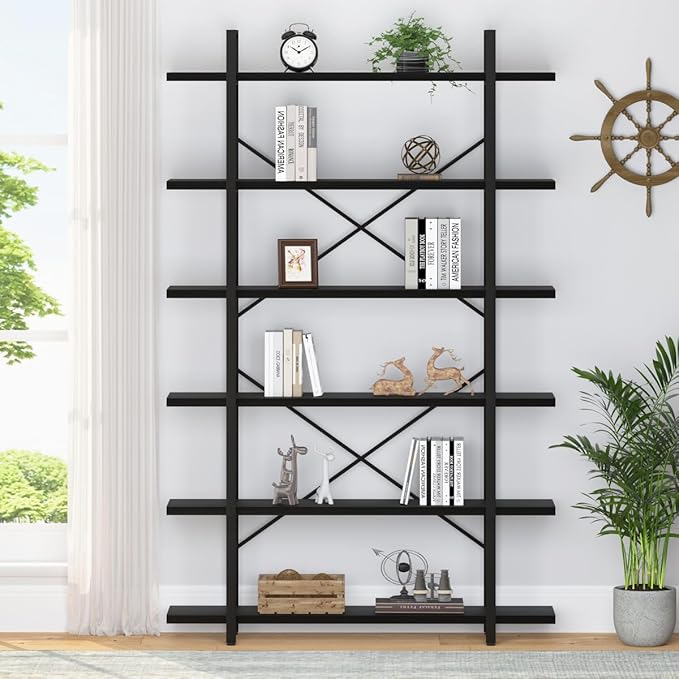 HSH 6 Tier Tall Black Bookshelf, Modern Large Storage Book Shelves & Display Book Shelf,Industrial Open Vertical Metal and Wood Black Bookcases 6 Shelf for Bedroom Living Room Office, Black Oak