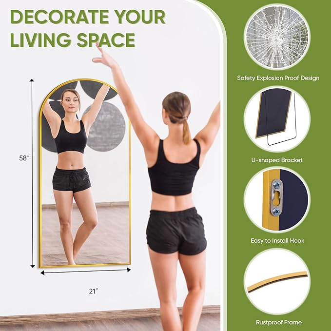 Full-Length Floor Mirror with Stand, 58"x21" Arched Style Full Body Standing Mirror for Bedroom, Living Room, Gym, Dorm - Shatter-Resistant & Easy Assembly, Gold