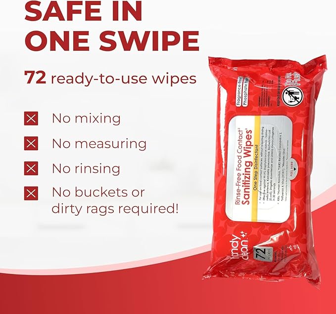 HandyClean Rinse-Free Food Contact Sanitizing Wipes Pouch, Multi Surface Cleaning Supplies for Kitchen and Professional Setting - 12 pack, 864 count