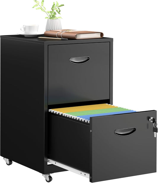 2 Drawer File Cabinet with Lock，Black Rolling File Cabinet for Home Office, Metal Small Mobile Filing Cabinets on Wheels for Hanging Letter