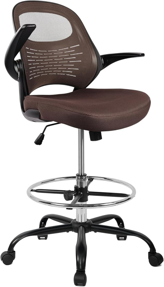 HYLONE Tall Drafting Chair Standing Desk Chair with Flip-Up Armrests, Adjustable Height Ergonomic Office Chair with Footrest Ring - High Stool Chair for Standing Desk (Brown)