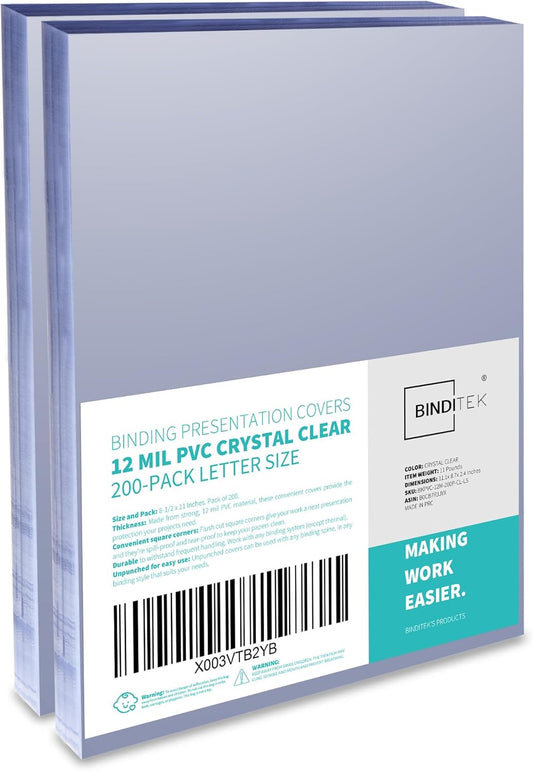 Binditek 200 Pack 12 Mil PVC Binding Report Covers, 8.5 x 11 Inches, Letter Size, Square Corners, Un-Punched, Office Supplies