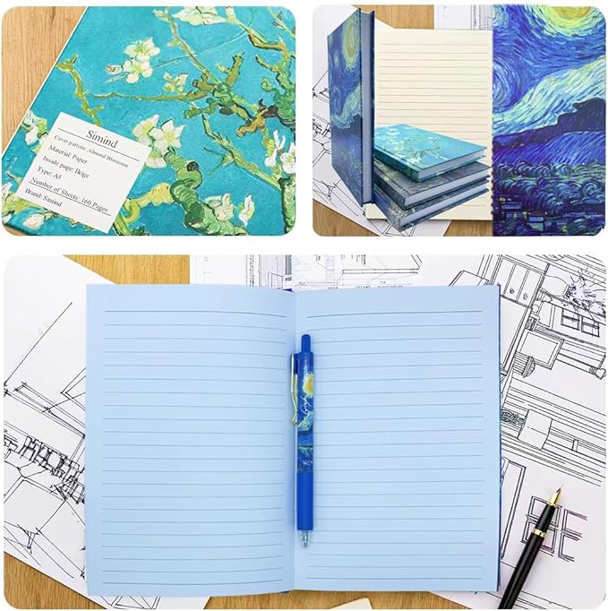 Journaling Notebooks Hard Cover Classic Notebook 4 Pack A5 Van Gogh Hardcover Executive Notebook 8.3"x 5.9" Journal Notebooks 192 Pages 80gsm Thick Paper Journal Aesthetic Supplies for School Office