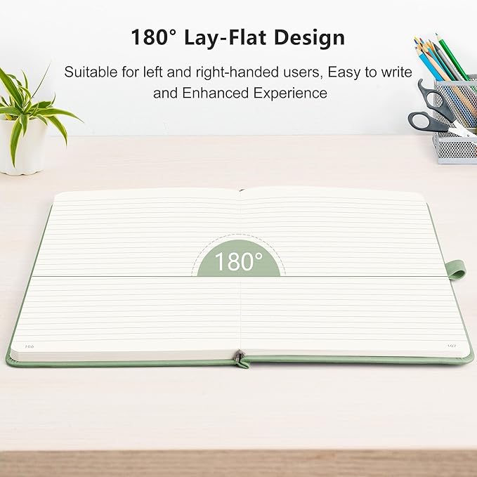 RETTACY Lined Journal Notebook, 192 Numbered Pages, A5 Medium Size (5.7'' x 8.3''), for Men & Women, Journaling, Writing, Work & Office, Leather Hardcover, 100 GSM Thick Paper (Light Green)