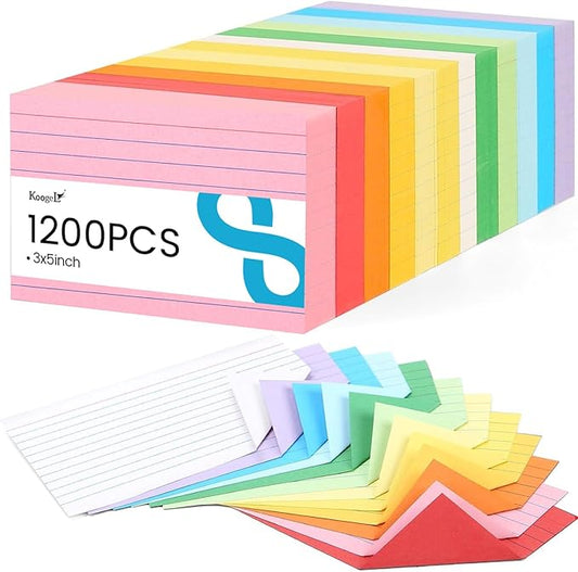 Koogel 1200ct Bulk 3x5" Colored Index Cards | Dual-Sided Ruled & Blank Flashcards | Classroom to Boardroom Multi-Scene System