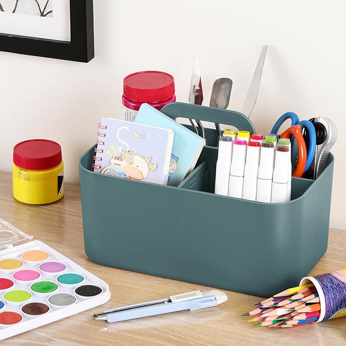 Multiuse Caddy Organizer with Handle - Stackable Plastic Tote Bin - Art Craft Supplies, Office, Desk, Stationery Pen Holder, Kitchen, Utensil, Makeup, Bathroom, Shower, Cleaning, Dorm Organizer - Cyan