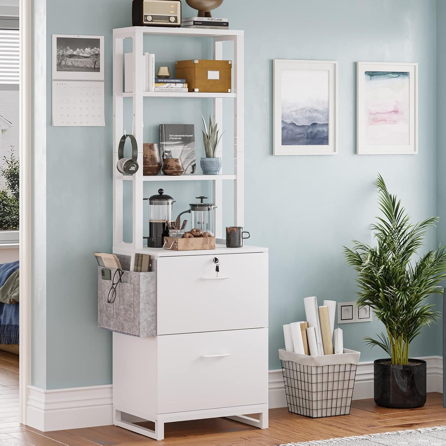 Itaar 2 Drawer File Cabinet, Filing Cabinet with Lock fits Letter, Legal, A4 Size, File Cabinets for Home Office with Storage Bag, Open Shelf and Hook, White