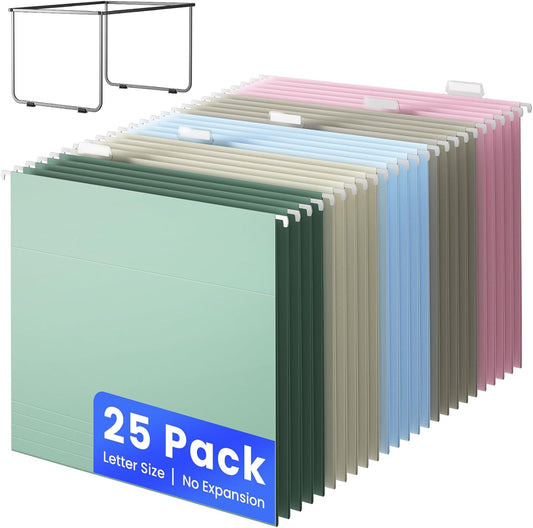 Hanging File Folders Letter Size, 25 Pack File Organizer Folders, 1/5-Cut Tabs with Hanging File Folder Frame, Heavy Duty No Extension, Stay Organized for Your Home and Office Bulk File