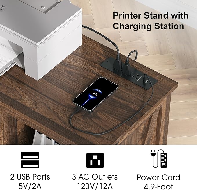 Printer Stand with Storage,File Cabinet with Socket and USB Charging Port,Farmhouse Paper Shredder Stand Rack with Slide-Out Shelf,Walnut