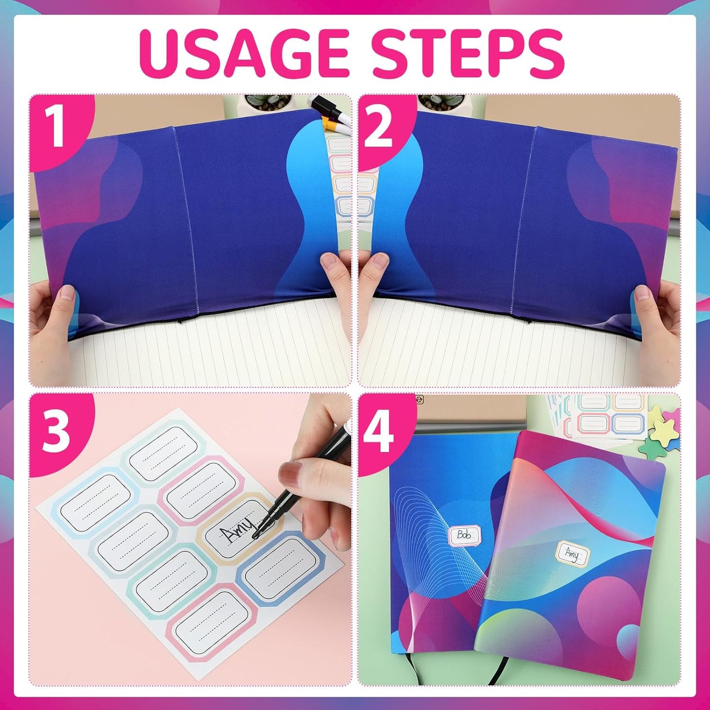 Jumbo Book Covers 8 Pack Reusable Fabric Book Cover Protective Books Covers 9 x 11 Inch Neon Stretchable Books Sleeve Cover with Label Sticker for Most Hardcover Textbooks Up to 10 x 12.5 Inch