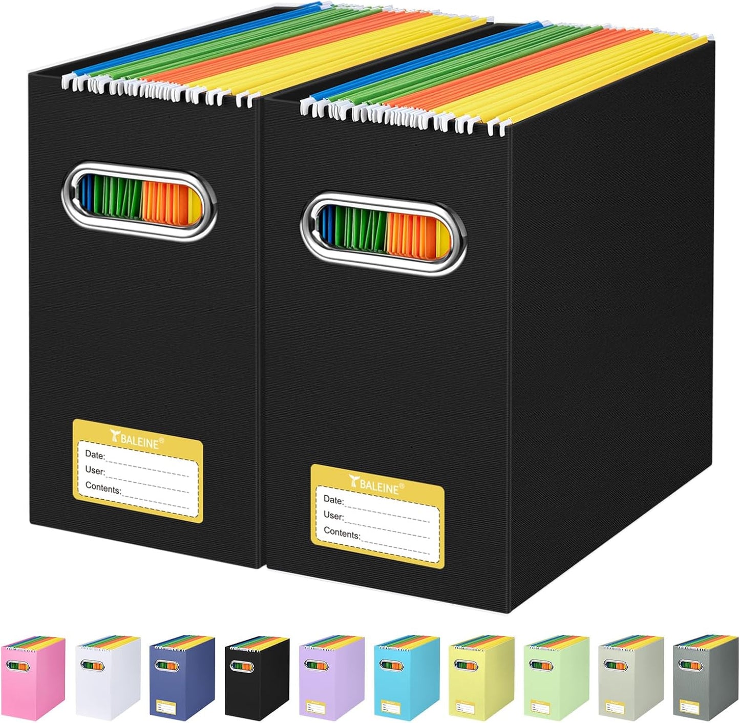 BALEINE File Organizer Box, Cardboard File Folder Organizer with Handle for Letter Size, Portable Collapsible Hanging Filing Box for Home Office Document Storage (2 Pack, Black)