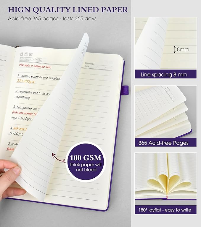 A5 Lined Journal Notebook - 365 Page Leather Journals for Writing Women & Men，Hardcover Notebook with 100Gsm Thick Pages，Daily Diary for Travel, Work，School，Note Taking，College Ruled (5.9" x 8.5")